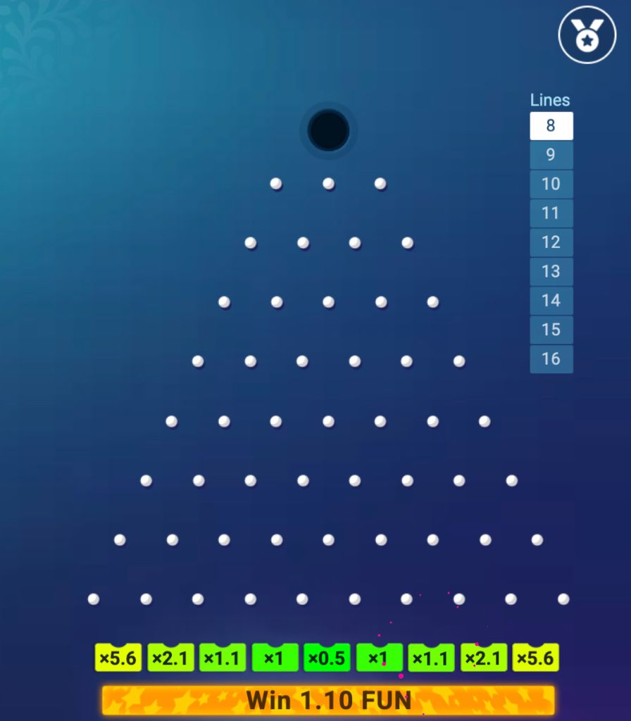 A Plinko round ending with a Win 1.10 result shown beneath the board