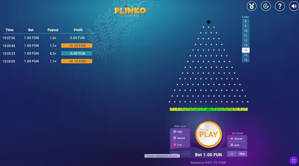 The full Plinko table with bet history, the pin pyramid and the betting panel